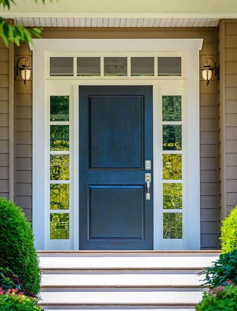 Square top door with sidelights Front Door Colors With Blue House, House Front Door Colors, Dark Grey Front Door, Colonial Front Door, Brown Beach House, Brown House Exterior, Brown Front Doors, Door With Sidelights, Best Front Door Colors