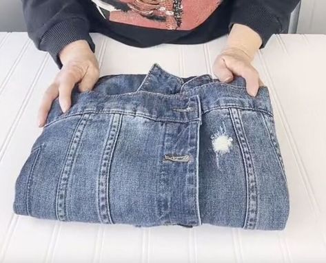 How To Fold Jean Jacket, How To Fold Denim Jacket, How To Fold Jackets For Packing, How To Fold Jackets To Save Space, How To Fold A Jacket, How To Fold Jeans, Folding Jeans, Demin Jacket, Blue Jean Jacket