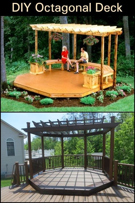 Relax and enjoy the outdoor by building this octagonal deck! Octagon Deck Ideas, Hexagon Deck, Patios Ideas Backyard, Garden Ideas Patio, Patios Ideas, Wood Deck Designs, Patio Garden Ideas, Deck Inspiration, Patio Privacy Screen