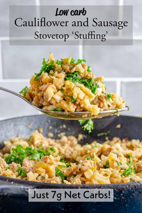 Low carb stovetop stuffing on a spoon Turkey Sausage Crumbles Recipe, Stuffing Turkey, Stovetop Stuffing, Low Carb Stuffing, Holiday Stuffing, Keto Stuffing, Low Carb Holiday Recipes, Turkey Dinners, Paleo Cauliflower