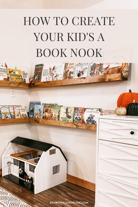 In this blog post I'm sharing some kids book nook ideas! I love how ours turned out, I wanted to make it very easy for the kids to have eyes on their favorite books. #bookshelf #booknook Book Nook Ideas, Book Nook Kids, Homeschool Room, Books Bookshelf, Nook Ideas, Wall Bookshelves, Bookshelves Kids, Playroom Ideas, Bookshelves Diy