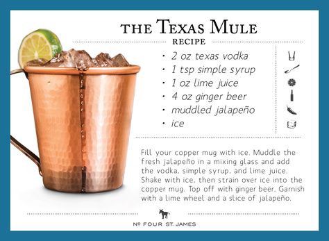 The Texas Mule is a Texas take on the refreshing and classic Moscow Mule, characterized by a Texas-based vodka and muddled fresh jalapeño, giving your beverage the perfect kick. #moscowmule #texasmule #coppermug Vodka Mule, Mule Drink, Mixology Drinks, Mule Cocktail, Mule Recipe, Copper Mugs, Breakfast Snacks, Drink Recipe, Drinks Alcohol Recipes