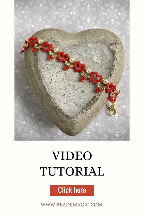 Beaded Heart Tutorial, Diy Beaded Heart, Bracelet Video, Beaded Bracelet Diy, Beaded Hearts, Beaded Bracelet Tutorial, Heart Tutorial, St Valentines Day, Hearts Bracelet