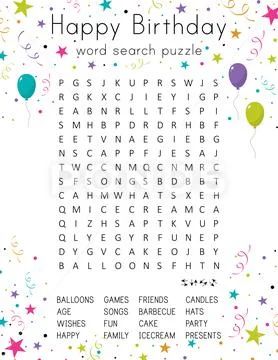 Happy Birthday word search puzzle. Educational game for kids.: Graphic #155649681 Birthday Word Search, Happy Birthday Words, Balloon Games, Puzzle Party, Birthday Words, Birthday Activities, Baby Birthday Cakes, Educational Games For Kids, Game For Kids