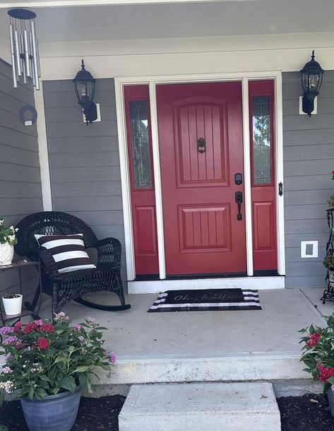 Dark Grey Siding, Dark Grey Houses, Moody Maximalist, Maximalist Bohemian, Wall Siding, Front Door Color, Grey Siding, New Front Door, Red Front Door