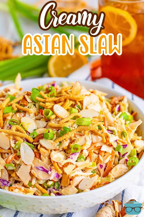 This recipe for Asian Slaw has the most delicious creamy dressing with the perfect amount of seasoning, a touch of sweetness, and just enough crunch with every bite! Asian Slaw Dressing Recipe, Angel Hair Slaw Recipes, Creamy Asian Dressing, Creamy Asian Slaw, Creamy Asian Salad Dressing, Asian Slaw Dressing, Cookout Salads, Thm Salads, Asian Coleslaw Recipe