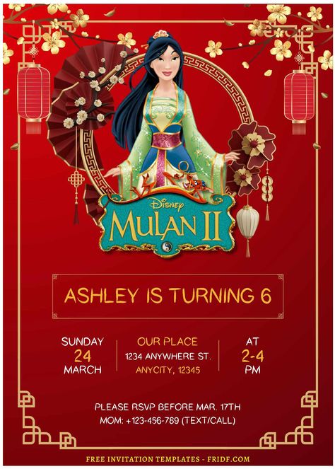 (Free Editable PDF) Enchanting Disney Mulan Birthday Invitation Templates Mulan Invitation, Mulan Birthday, Li Shang, Disney Mulan, Mulan Disney, Invitation Card Design, Mulan, Live Action, Enchanted