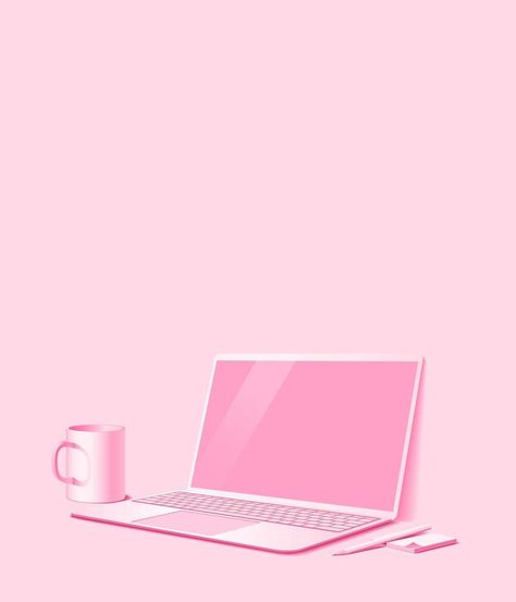 Vertical background with office workplace. A laptop, a mug, a pencil and a notebook. Pink color. Pinky Wallpapers Laptop, Pink Office Wallpaper, Pink Athstetic, Pink Business Aesthetic, Pink Office Aesthetic, Good Morning Pink, Pinky Wallpaper, Corporate Girly, Vector Snowflake