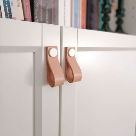 leather pulls from Rowzec Design on an IKEA Billy bookcase / OXBERG Billy Bookcase Oxberg, Billy Bookcase With Doors, White Cupboard, Interior Design Accessories, Leather Interior Design, Ikea Kids Room, Leather Drawer Pulls, Bookcase Door, White Hardware