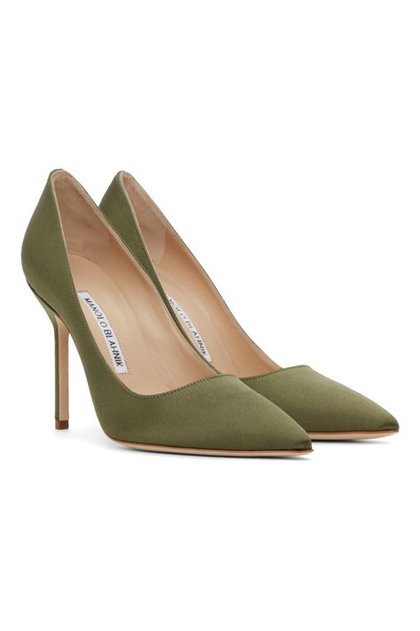 Manolo Blahnik: Green BB Heels | SSENSE Manolo Blahnik Green, Green Pumps, Black Lion, Satin Heels, Dark Khaki, Shooting Stars, Clothing Ideas, High Jewelry, Manolo Blahnik