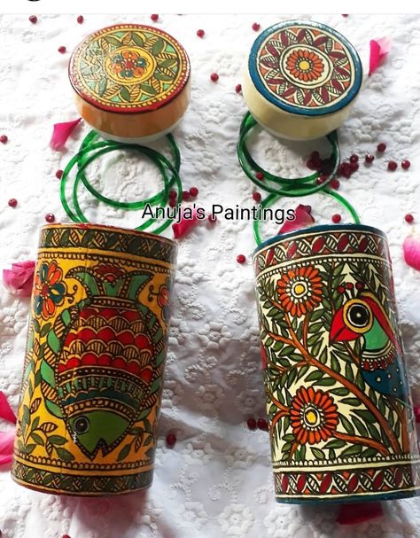 Madhubani painting Painting Madhubani, Mosaic Bottles, India Crafts, Bamboo Planter, Painted Bamboo, Mughal Paintings, Bamboo Crafts, Madhubani Art, Indian Folk Art