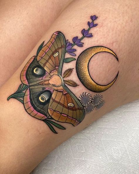 Charlotte Timmons on Instagram: "Got to make this Polyphemus moth tattoo recently! Gonna have to make a moth compilation! Space tomorrow and this weekend at the @tattoocollectorsexpo in Arlington so contact me ASAP for a guaranteed space. I can’t promise walk ups will be available each day so if you want an appointment drop me a message asap as I appreciate it’s time sensitive. All other inquiries email me- or I’ll just end up sending you my email address as a reply!" Magick Tattoo, E Tattoos, Cottagecore Tattoo, Polyphemus Moth, Medium Tattoos, Tattoo Ideas Males, Jewel Tattoo, Moth Tattoo, Gothic Tattoo