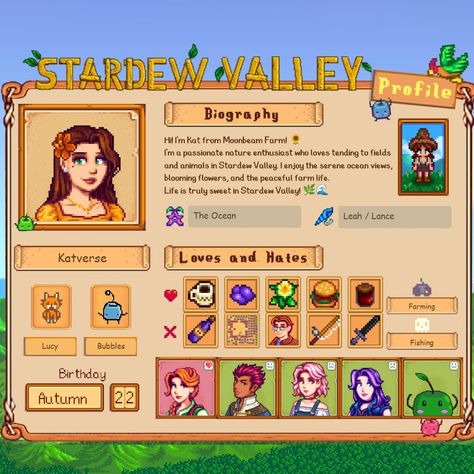 Create your own Stardew Valley profile page with our easy guide! Design your character and customize your profile using free online tools. Stardew Valley Profile, Design Your Character, Profile Maker, Farming Guide, Stardew Valley Farms, Valley Game, Guide Design, Create Your Character, Bubble Birthday