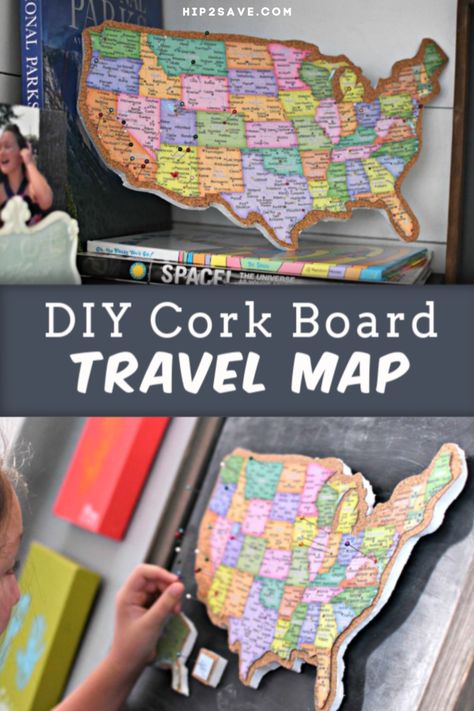 DIY Cork Board Push Pin Travel Map to Track Your Trips | Hip2Save Map Decoration Wall, Diy Push Pins, Diy Mosaic Tiles, Cork Board Map, Push Pin Travel Map, Pin Travel Map, Travel Map Diy, Travel Bedroom, Souvenir Display