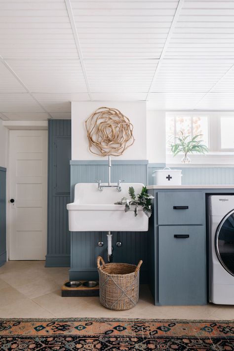 Kate Marker’s Renovation: Spotlight on Bathrooms — KATE MARKER INTERIORS 100 Year Old House, Kohler Sink, Kate Marker Interiors, Tiny Laundry Rooms, Herringbone Wood Floor, Wooden Floating Shelves, Small Laundry Rooms, Cabinetry Design, White Subway Tile