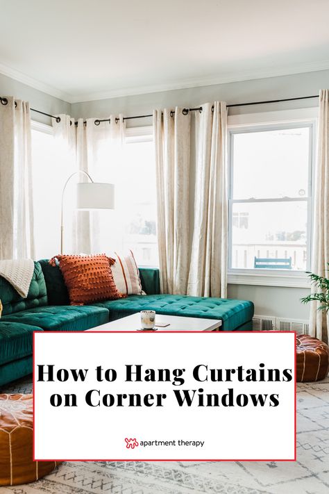 Long Living Room Curtains, Curtain On One Side Of Window, Corner Curtain Rod Ideas, Corner Windows Living Room, Corner Window Living Room, Curtains For Corner Windows, L Shaped Curtains, Windows Apartment, Curtains Over Blinds