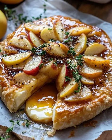 Golden baked brie topped with caramelized apples and fresh thyme creates a warm, savory-sweet appetizer perfect for holidays. Apple Baked Brie, Cheese Crostini, Toasted Crostini, Caramelized Apples, Brie Appetizer, Goat Cheese Crostini, Sweet Appetizer, Whipped Goat Cheese, Thyme Recipes