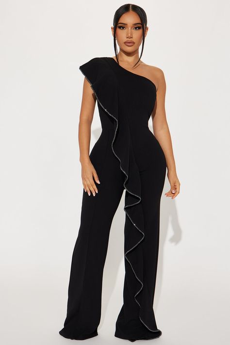 Available In Black. Jumpsuit One Shoulder Ruffle Detail Draped Hidden Back Zipper Straight Leg Stretch Inseam = 33" 95% Polyester 5% Spandex Imported | Just The Intro Jumpsuit in Black size Large by Fashion Nova Extra Fits, Birthday Jumpsuit, Jumpsuit One Shoulder, Glam Closet, Uzun Boy, Outfits Concert, Fashion Nova Jumpsuit, Church Fits, Performance Outfits