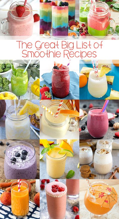 The Great Big List of Smoothie Recipes – healthy, fruity, vegetable-y smoothie goodness from brilliant bloggers from around the web; your one-stop collection for smoothies! Ninja Smoothie Recipes, Blender Recipes Smoothies, Ninja Smoothies, Easy Healthy Smoothie Recipes, Blender Drinks, Juice Smoothies Recipes, Easy Healthy Smoothies, Smoothie Recipes Healthy Breakfast, Smoothie Drink Recipes