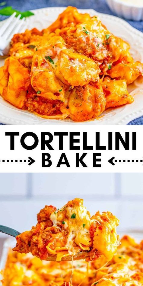 A super easy dinner recipe from Tornadough Alli, this tortellini bake is a family hit! It is full of meat, cheese and sauce! A filling and flavorful meal that no one can get enough of. This will quickly be added to your weekly meal rotation. Your family will love it. Tortalini Pasta Recipes, Totalini Dinner, Tortilini Recipes Simple, Tortellini Pasta Recipes, Easy Tortellini Bake, Taco Tortellini, Mexican Pinwheels, Everyday Snacks, Casserole Meals