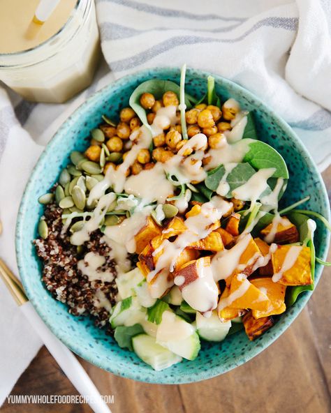 Yummy Sweet Potato Buddha Bowl Halloumi Bowl, Sweet Potato Buddha Bowl, Potato Buddha Bowl, Gina Livy, Roasted Sweet Potato Cubes, Bowls Recipes, Fried Halloumi, Quinoa Sweet Potato, Cubed Sweet Potatoes