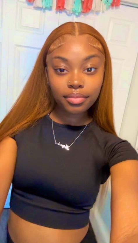 Light Brown Middle Part Wig, Honey Brown Middle Part Sew In, Straight Color Wigs, Brown Straight Wigs Black Women, Cinnamon Frontal Wig, Lace Fronts On Dark Skin, Natural Hair Color Wigs, Colored Frontal Wigs Brown Skin, Light Brown Lace Front Wig