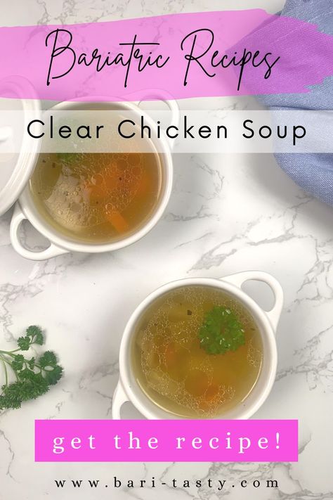 In this pin, you see 2 cups of home made clear chicken soup. A simple bariatric surgery recipe for the liquid stage, pureed stage and onwards. Chicken broth has about 6 grams of protein per cup, which makes it a bariatric friendly meal. Also, this hearty recipe can work wonders on those cold winter days to keep you warm. Especially since bariatric surgery patients often feel much colder due to less insulation and rapid weight loss. Enjoy this warm soup by itself or with a whole wheat thincrisp. Clear Liquid Diet Recipes, Clear Chicken Soup, Bariatric Recipes Sleeve Liquid Diet, Protein Soup Recipes, Full Liquid Diet, Liquid Diet Recipes, Bariatric Recipes Sleeve, Clear Liquid Diet, Gastric Bypass Recipes