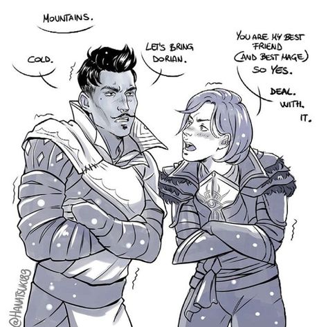 {original artist: https://hanatsuki89.tumblr.com/} My canon Lavellan has no shame in the fact that she takes her BFF Dorian and Bull to the cold locations so she can stay warm at night by wedging herself between the fire mage and the walking hot water bottle. ;) Fire Mage, Dragon Age 4, Dragon Age Memes, Dragon Age Funny, Dragon Age 3, Dragon Age Series, Dragon Age Games, Fallout New Vegas, Dragon Age Inquisition