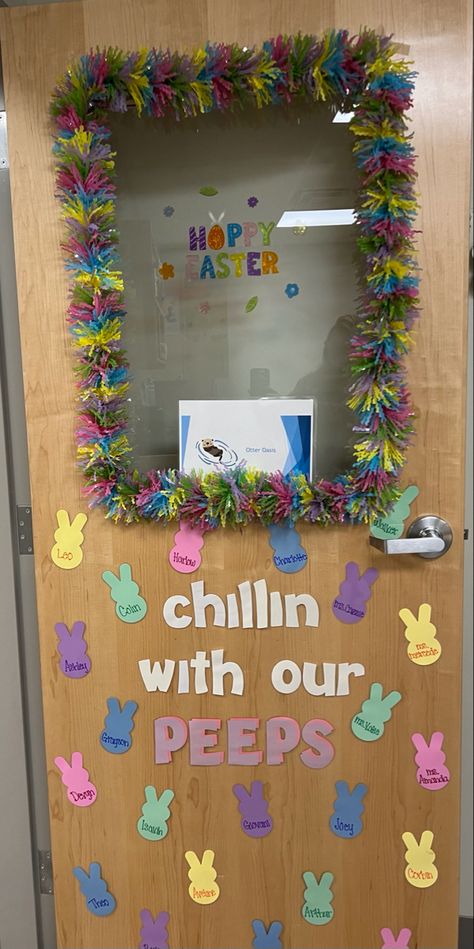 Spring Door For Classroom, Spring Hallway Decorations, Easter Preschool Door Ideas, Easter Daycare Door Ideas, Easter Door Ideas For Classroom, Spring Classroom Door Ideas For Toddlers, Spring Preschool Door Ideas, Peeps Door Decorations Classroom, Easter Door Decorations Classroom Preschool