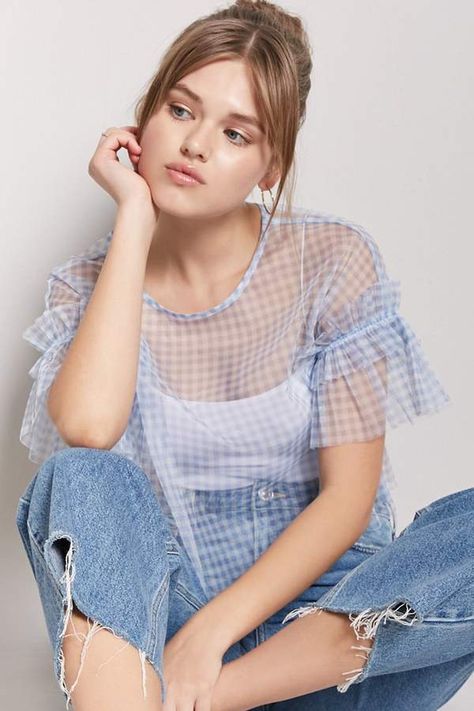 Forever 21 Sheer Mesh Gingham Top | Style | Summer | Outfit Ideas | Fashion | Affordable #Sponsored Sheer Outfits, Sheer Outfit, Gingham Top, Gingham Tops, Forever21 Tops, Moda Vintage, Teen Fashion Outfits, Trendy Tops, Fancy Dresses