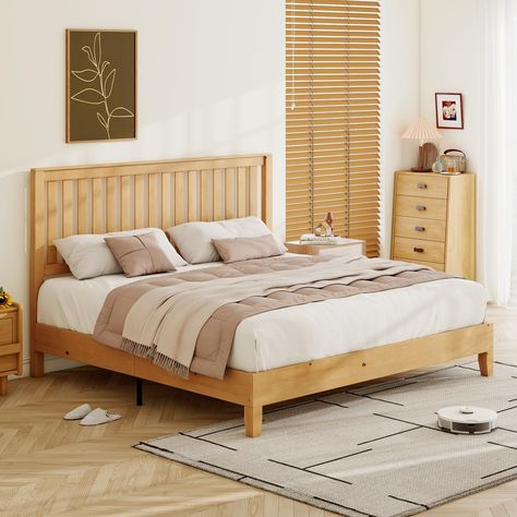 PRICES MAY VARY. 【 Natural Beauty】Rustic oak platform bed frame has a clear and natural texture that complements all types of furniture. Streamlined silhouettes and minimalist looks add charm to your entire bedroom. 【Sturdy Construction】Bed frame is made of solid pine wood and metal. Corrosion-resistant and not prone to moisture or cracking, allowing you to use wooden bed for a long time. Weight capacity up to 1,000 lbs. 【Pratical and Beautiful】Mid-century bed frame with slatted headboard and tapered legs. 43.5" High Headboard not only adds an elegant appeal to your home but also supports your back to give you a comfortable experience. 【No Box Spring Required】Closely spaced wood slats of bed frame are designed to provide excellent support for any type of mattress and extend the life of you Construction Bed, Century Bed, Oak Bed Frame, Solid Wood Bed Frame, Wood Platform Bed Frame, Wooden Platform Bed, Oak Beds, Bed Frame With Headboard, Daybed With Storage