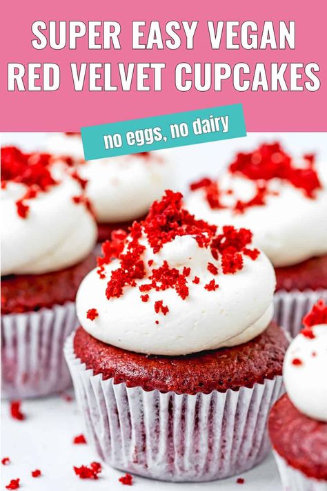 These Egg-Free, Dairy-Free, and Vegan Red Velvet Cupcakes are fluffy, soft, and bursting with vanilla flavor with a hint of chocolate goodness. This recipe is incredibly easy to follow. With just one bowl and a whisk, you can whip up these delightful cupcakes in no time. These make them a great option if you or someone you love has food allergies. Plus, they’re just as tasty as traditional cupcakes! Dairy Free Red Velvet Cupcakes, Cupcakes Without Eggs, Egg Free Dessert Recipes, Egg Free Cupcakes, Velvet Cupcake Recipe, Vegan Red Velvet Cupcakes, Vegan Red Velvet, Red Velvet Cupcakes Recipe, Egg Free Desserts