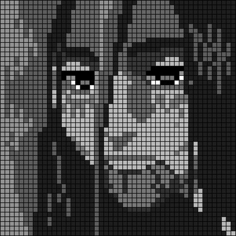 Eren Jaeger Yaeger pixels crochet pattern aesthetic snk aot eren final snk final season Eren Jaeger long hair pixels art attack on titan crochet pattern black and white poxels crochet pattern Alpha Patterns Anime Black And White, Crochet Grid Patterns Black And White, Black And White Anime Pixel Art, Black And White Crochet Tapestry Pattern, Anime Crochet Grid, Pixel Art Black And White, Black And White Pixel Art, Pixel Grid, Crochet Baby Projects