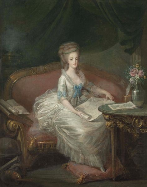 Marie Antoinette sitting on a sofa, attributed to Louis Charles Gauthier d’Agoty (auctioned by Christie's). From their Web site. Era Victoria, Marie Antoinette 2006, 18th Century Women, French Royalty, Vampire Academy, Celebrity Design, Art Uk, Old Paintings, Marie Antoinette