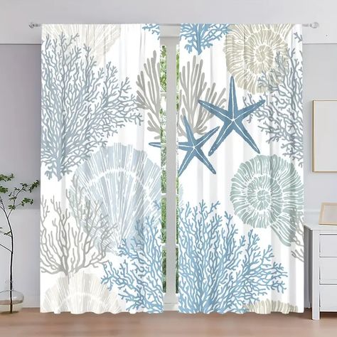 Ocean Curtains, Small Window Treatments, Coral Curtains, Short Window Curtains, Bathroom Window Curtains, Kitchen Window Curtains, Small Window Curtains, Coral Decor, Dining Room Blue