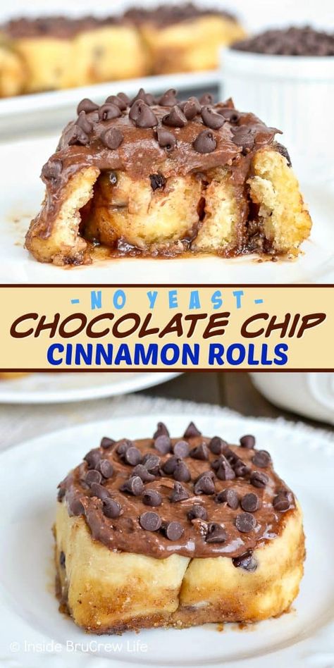 Chocolate Chip Cinnamon Rolls - chocolate frosting and chocolate chips add a sweet flair to these no yeast cinnamon rolls. Make this easy recipe for breakfast or brunch parties! #cinnamonrolls #noyeast #chocolate #breakfast Cinnamon Rolls With Chocolate, Chocolate Chip Cinnamon Rolls, Yeast Cinnamon Rolls, No Yeast Cinnamon Rolls, Sweet Roll Recipe, Rolls Easy, Recipe For Breakfast, Cinnamon Rolls Easy, Amazing Desserts