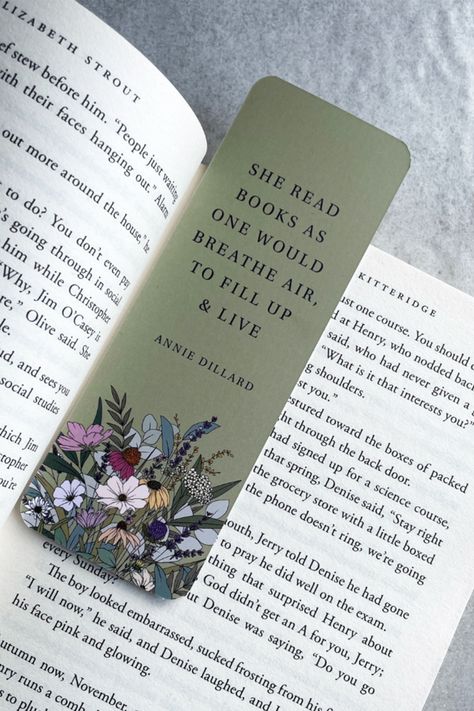 Beautiful, wildflower green bookmark featuring the quote, 'She read books as one would breathe air, to fill up and live' by author Annie Dillard. Printed on luxurious silk stock with rounded corners. #wildflowerbookmark #greenbookmark #anniedillard #silkstock #giftforareader #bookish #bookgift #stationery Green Bookmark, Reading Quote, Annie Dillard, Gifts Fo, Reading Quotes, Book Accessories, Book Gifts, Rounded Corners, Wild Flowers