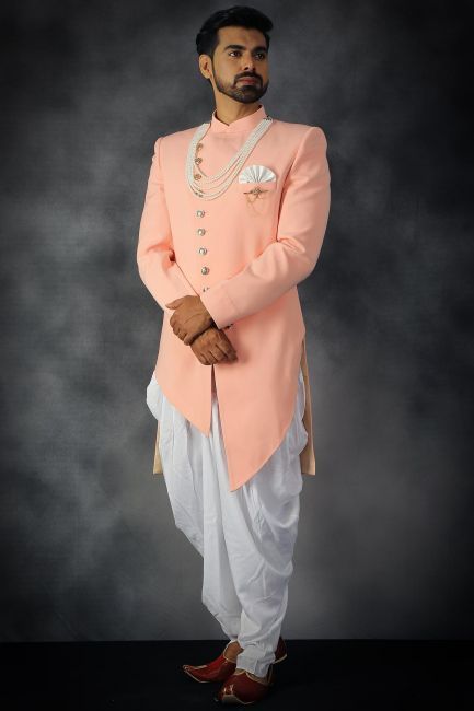 Peach Italian Indo Western Sherwani-IW1220 Peach Sherwani, Marriage Clothes, Mens Indian Wear, Sherwani For Men Wedding, Boys Kurta Design, Wedding Kurta For Men, Groom Dress Men, Indian Groom Wear, Wedding Dresses Men Indian