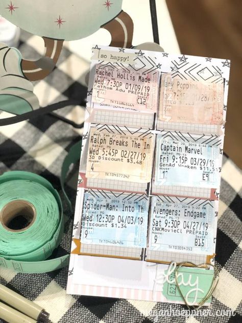 Scrapbooking with Ticket Stubs Ticket Scrapbook, Movie Ticket Stubs, Ticket Ideas, Marvel Wedding, Movie Tracker, Ideas Regalos, New Year's Resolution, Ticket Stubs, Circle Punch