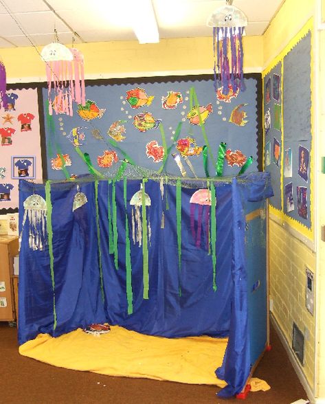 Water Eyfs, Under The Sea Classroom, Preschool Ocean, Daycare Themes, Under The Sea Crafts, Home Day Care, Role Play Areas, Fish Activities, Dramatic Play Area