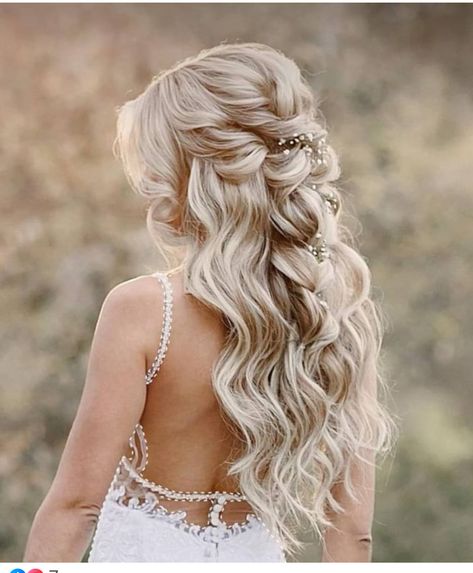 Cute Half Up Half Down Wedding Hairstyles, Wedding Hair Mostly Up, Bride Hairstyles Extensions, Bride Hair Inspo Half Up Half Down, Bride Half Down Hairstyles, Wedding Hair Piece With Veil, Wedding Hair With Extensions Brides, Wedding Hair Half Up Half Down With Braid, Wedding Hair Curled Half Up Half Down