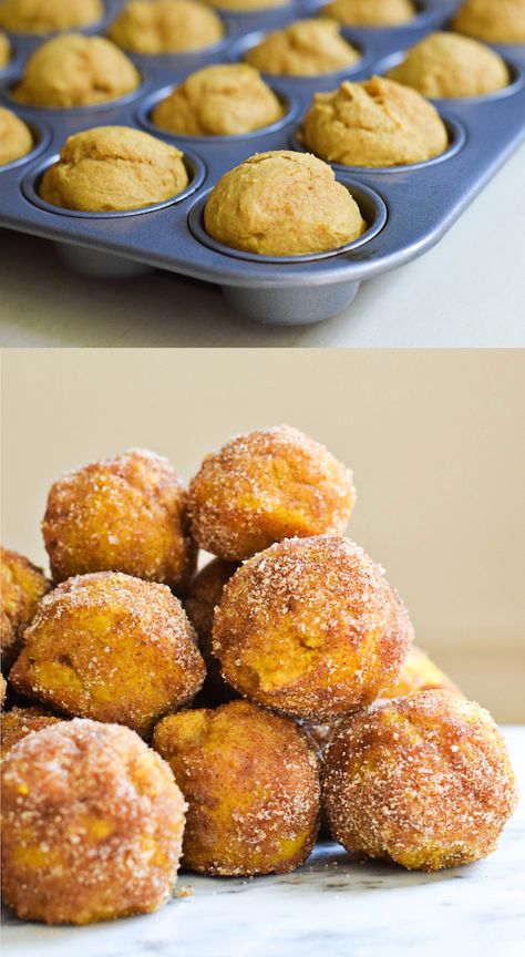 PUMPKIN DOUGHNUT HOLES (IN A MINI MUFFIN PAN!) fall goals! Muffin Tin Doughnuts Cooks Country, Pumpkin Doughnut Holes, Pumpkin Puffs, Yumtastic Recipes, Doughnut Balls, Mini Muffin Pan Recipes, Pumpkin Donut Muffins, Mini Muffin Tin Recipes, Pumpkin Donut Holes