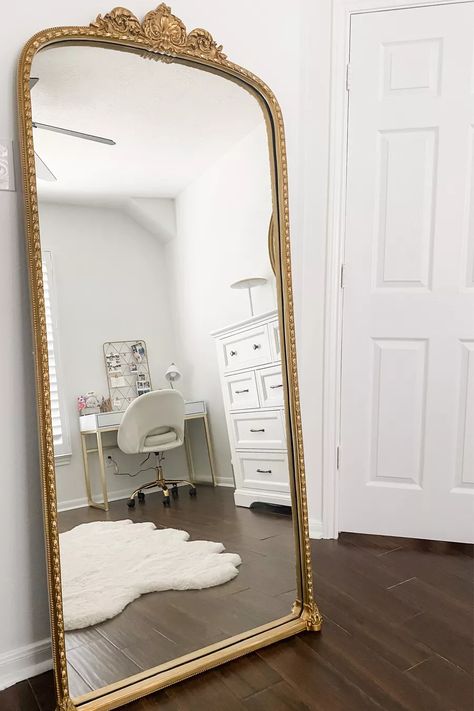 Golden Mirror Aesthetic, Cottagecore Mirror, Floor Mirror Decor, Cottagecore Minimalist, Floor Length Mirror, Body Mirror, Arch Mirror, Standing Mirror, School Room