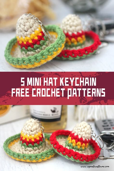 Crochet Mini Sombrero Free Pattern, Crochet Sombrero Pattern, Boot Cuffs Crochet, Margarita Flower, Crochet Key Chains, Crochet Objects, Crochet Keyring, Small Crochet Gifts, Knitting Patterns Free Dog