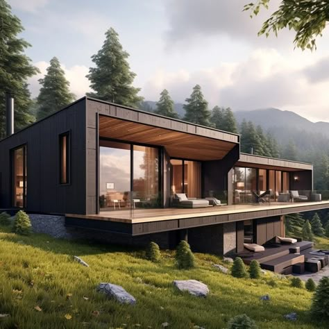 Modern Weekend House, Mountain Guest House, Wooden Mountain House, House In Forest Cottages, Black Mountain House, Modern Wooden Cabin, Forest House Mountain, Modern Mountain Chalet, Modern Wooden House