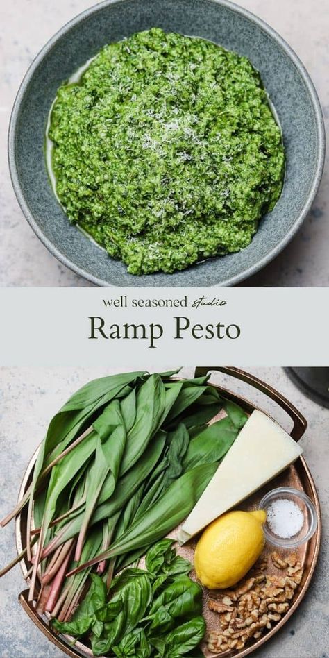 Overhead on a big plate full of the delicious ramp pesto Pickled Ramps, Ramp Pesto, Wild Ramps, Lemon Pesto, Walnut Pesto, Pecorino Romano Cheese, Pecorino Romano, Romano Cheese, Homemade Pesto