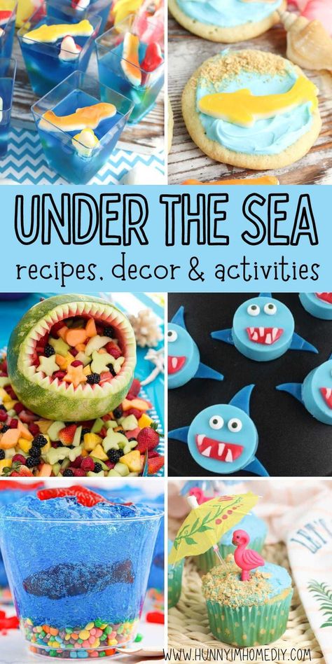 Looking for cute summer party ideas? This under the sea party theme is perfect for kids! Make cute ocean themed party food and drinks to serve your guests. And keep the little ones entertained with fun party games or cute craft projects for kids of any age. Under The Sea Snacks For Party, Under The Sea Picnic Party, Sealife Party Food, Sea Creature Party Food, Ocean Theme Fruit Platter, Sea You Later Class Party, Under The Sea Party Crafts, Oneder The Sea Food Ideas, Food Ideas For Under The Sea Party