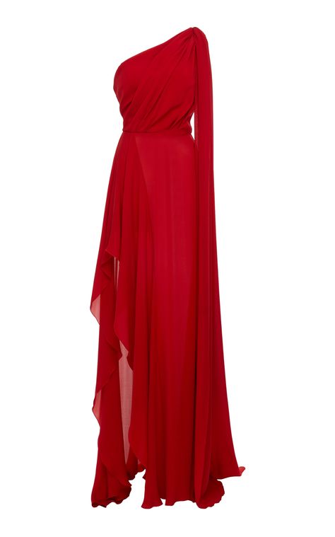 Georgette Gowns Western, Red Georgette Evening Dress, Red Silk Pre-draped Evening Dress, Red Pre-draped Evening Gown, Luxury Red Pre-draped Evening Dress, Elie Saab Red Dresses, Silk Georgette Dress, Georgette Dress, فستان سهرة