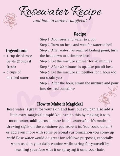 Rose Water Recipe, Rosewater Recipe, Witch Notes, Rose Petal Uses, Make Rose Water, Homemade Rose Water, Rose Water Diy, How To Make Rose, Bath Recipes