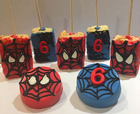 Spider Man Oreos, Spider Man Chocolate Covered Oreos, Spider Man Rice Crispy Treats, Spider Man Party Treats, Spiderman Rice Crispy Treats, Spider Man Treats, Cupcakes With Candles, Chocolate Designs, Spider Cake